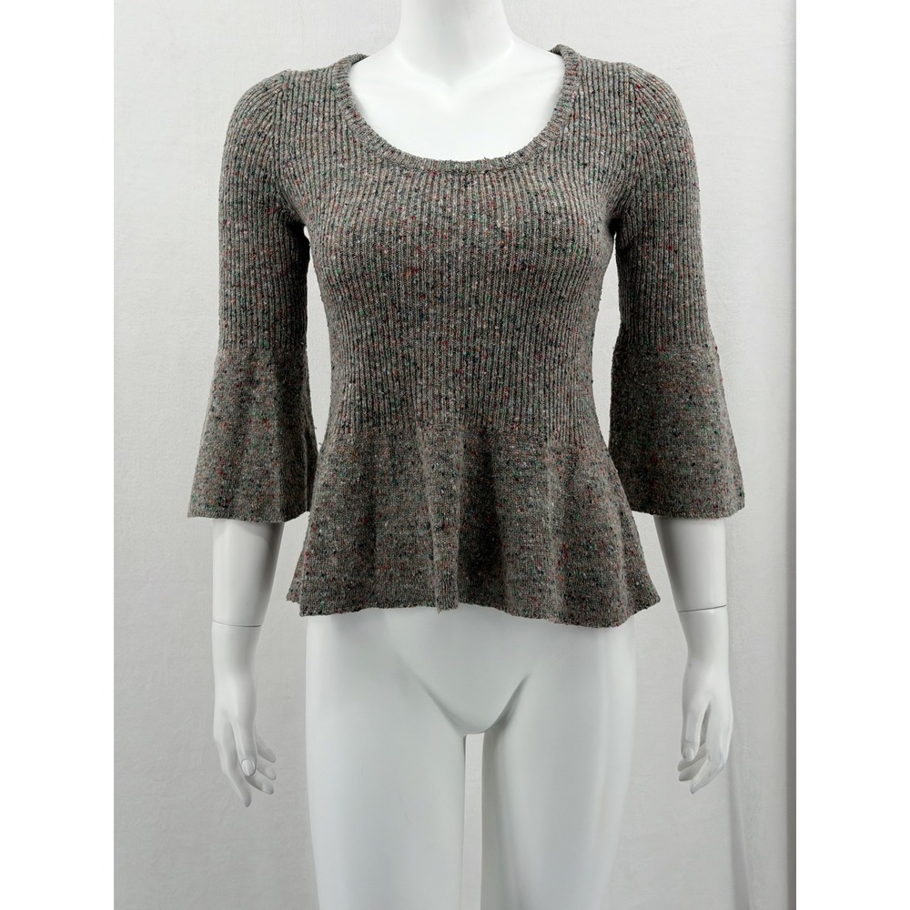 Moda International Sweater Womens Small Gray Speckle Peplum Bell Sleeve Ribbed